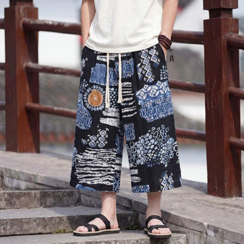 Buddha Stones Letnie spodnie capri w stylu boho vintage ze ściągaczem i kwiatowym wzorem, męskie, proste, z kieszenią - image 13