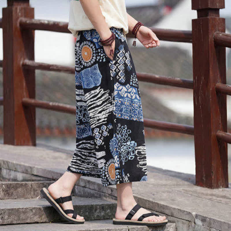 Buddha Stones Letnie spodnie capri w stylu boho vintage ze ściągaczem i kwiatowym wzorem, męskie, proste, z kieszenią - image 9