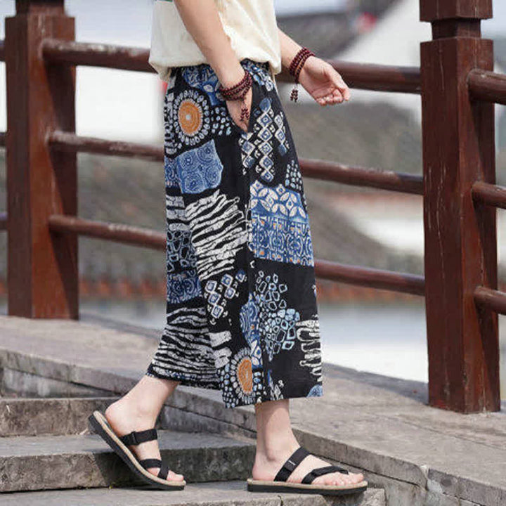 Buddha Stones Letnie spodnie capri w stylu boho vintage ze ściągaczem i kwiatowym wzorem, męskie, proste, z kieszenią - image 9