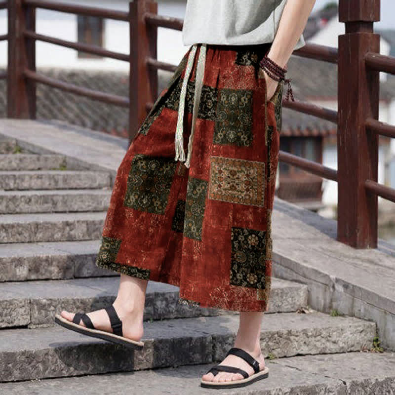 Buddha Stones Letnie spodnie capri w stylu boho vintage ze ściągaczem i kwiatowym wzorem, męskie, proste, z kieszenią - image 17