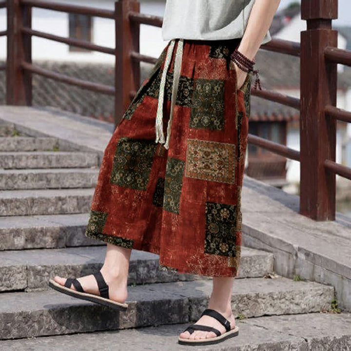 Buddha Stones Letnie spodnie capri w stylu boho vintage ze ściągaczem i kwiatowym wzorem, męskie, proste, z kieszenią - image 17