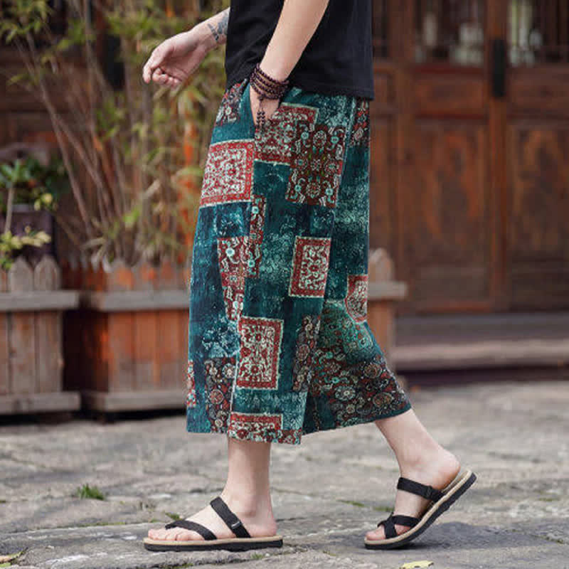 Buddha Stones Letnie spodnie capri w stylu boho vintage ze ściągaczem i kwiatowym wzorem, męskie, proste, z kieszenią - image 29