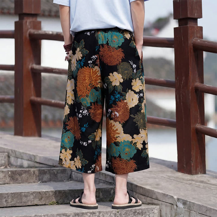 Buddha Stones Letnie spodnie capri w stylu boho vintage ze ściągaczem i kwiatowym wzorem, męskie, proste, z kieszenią - image 3