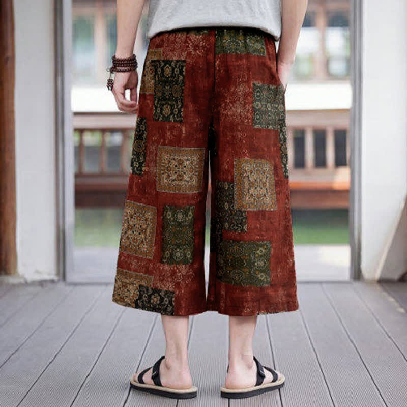 Buddha Stones Letnie spodnie capri w stylu boho vintage ze ściągaczem i kwiatowym wzorem, męskie, proste, z kieszenią - image 19