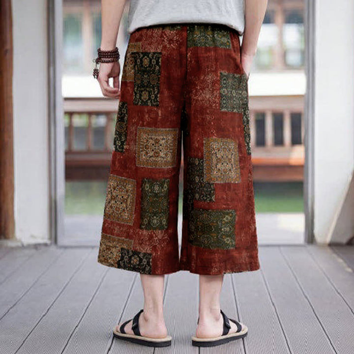 Buddha Stones Letnie spodnie capri w stylu boho vintage ze ściągaczem i kwiatowym wzorem, męskie, proste, z kieszenią - image 19