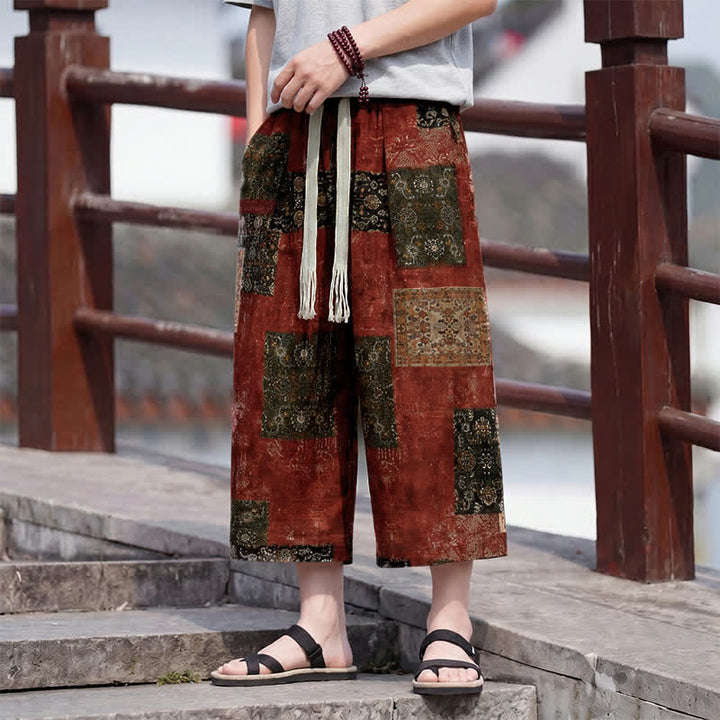 Buddha Stones Letnie spodnie capri w stylu boho vintage ze ściągaczem i kwiatowym wzorem, męskie, proste, z kieszenią - image 16