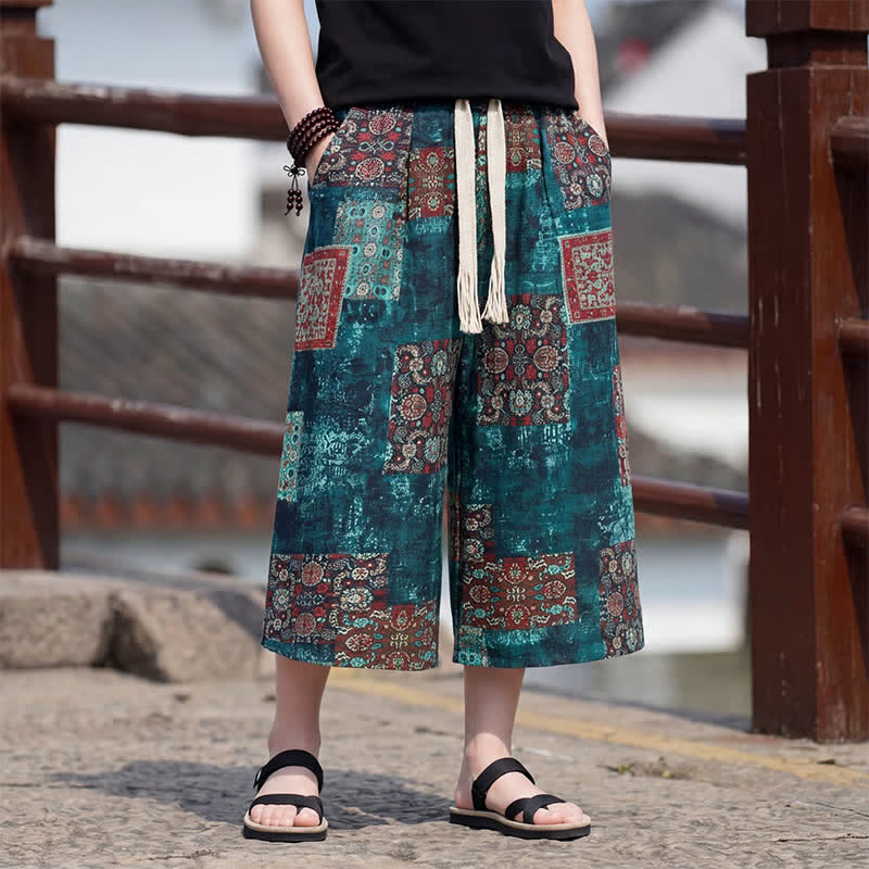 Buddha Stones Letnie spodnie capri w stylu boho vintage ze ściągaczem i kwiatowym wzorem, męskie, proste, z kieszenią - image 28