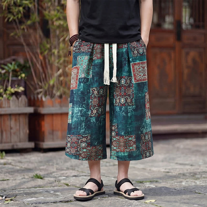 Buddha Stones Letnie spodnie capri w stylu boho vintage ze ściągaczem i kwiatowym wzorem, męskie, proste, z kieszenią - Cyraneczka - US/UK/AU46, EU56 (5XL) - image 23