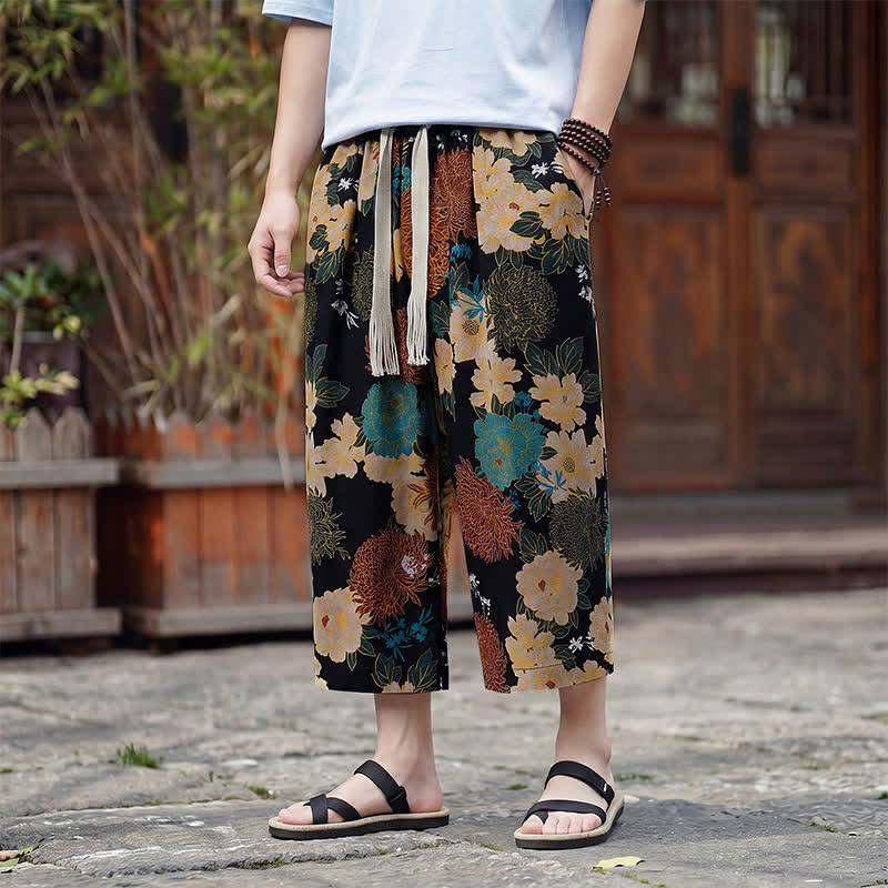 Buddha Stones Letnie spodnie capri w stylu boho vintage ze ściągaczem i kwiatowym wzorem, męskie, proste, z kieszenią - Czarny - US/UK/AU46, EU56 (5XL) - image 0