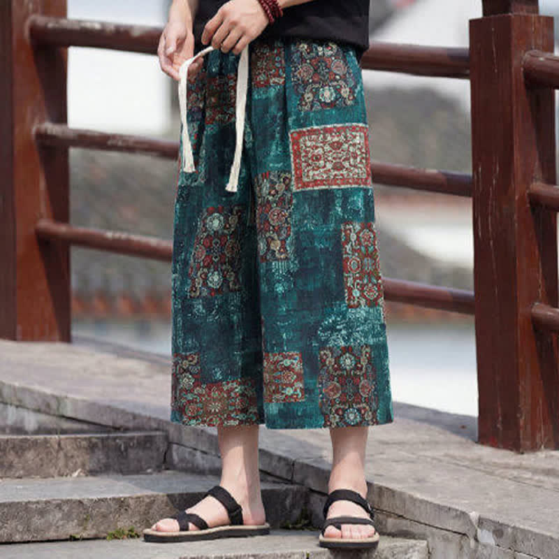 Buddha Stones Letnie spodnie capri w stylu boho vintage ze ściągaczem i kwiatowym wzorem, męskie, proste, z kieszenią - image 30