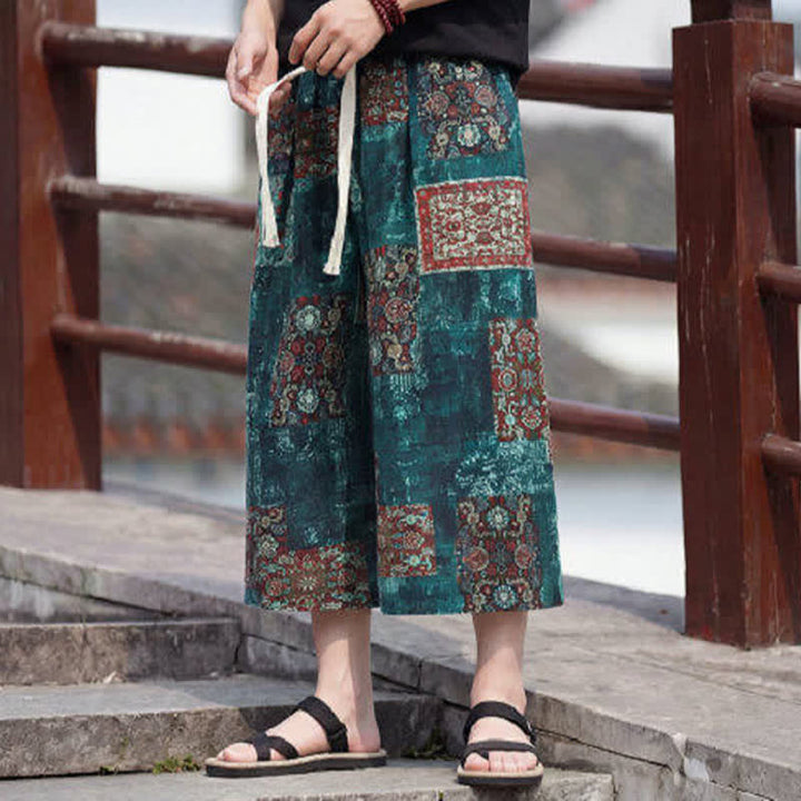 Buddha Stones Letnie spodnie capri w stylu boho vintage ze ściągaczem i kwiatowym wzorem, męskie, proste, z kieszenią - image 30