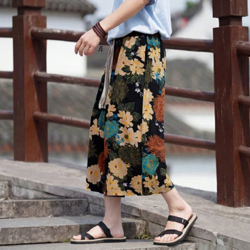 Buddha Stones Letnie spodnie capri w stylu boho vintage ze ściągaczem i kwiatowym wzorem, męskie, proste, z kieszenią - image 2