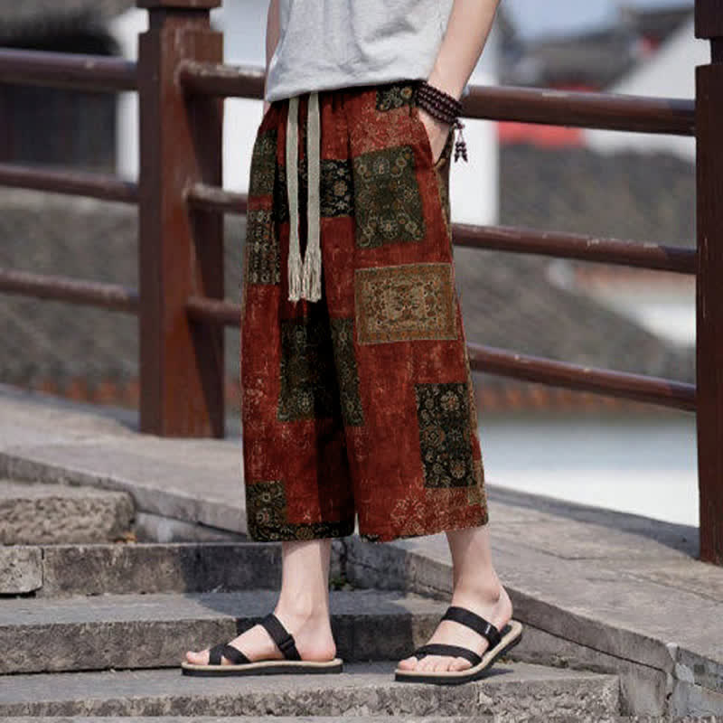 Buddha Stones Letnie spodnie capri w stylu boho vintage ze ściągaczem i kwiatowym wzorem, męskie, proste, z kieszenią - image 18