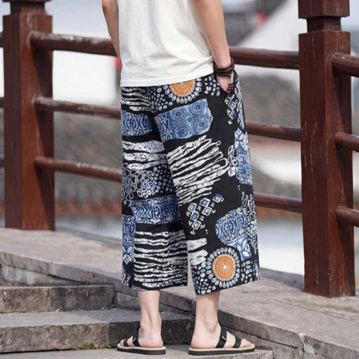 Buddha Stones Letnie spodnie capri w stylu boho vintage ze ściągaczem i kwiatowym wzorem, męskie, proste, z kieszenią - image 11
