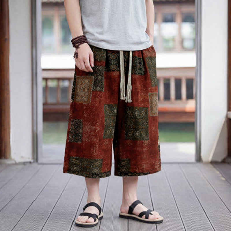 Buddha Stones Letnie spodnie capri w stylu boho vintage ze ściągaczem i kwiatowym wzorem, męskie, proste, z kieszenią - image 20