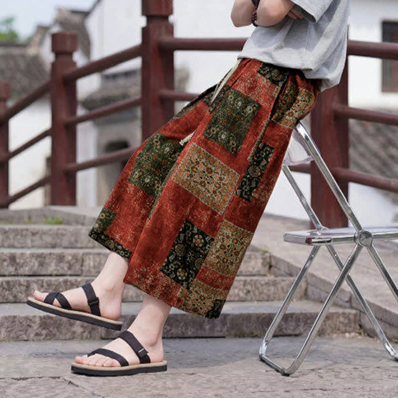 Buddha Stones Letnie spodnie capri w stylu boho vintage ze ściągaczem i kwiatowym wzorem, męskie, proste, z kieszenią - image 22