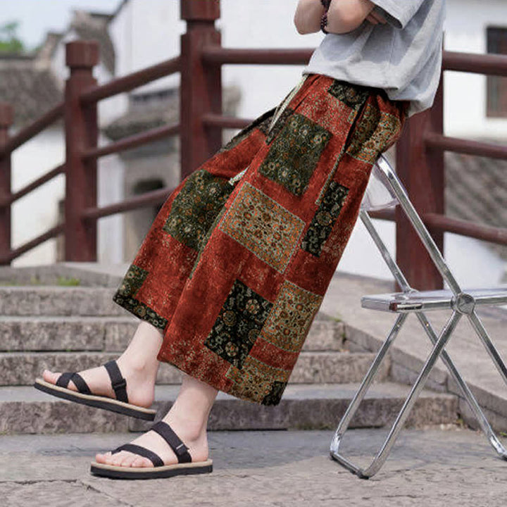 Buddha Stones Letnie spodnie capri w stylu boho vintage ze ściągaczem i kwiatowym wzorem, męskie, proste, z kieszenią - image 22
