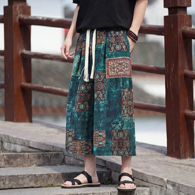 Buddha Stones Letnie spodnie capri w stylu boho vintage ze ściągaczem i kwiatowym wzorem, męskie, proste, z kieszenią - image 31