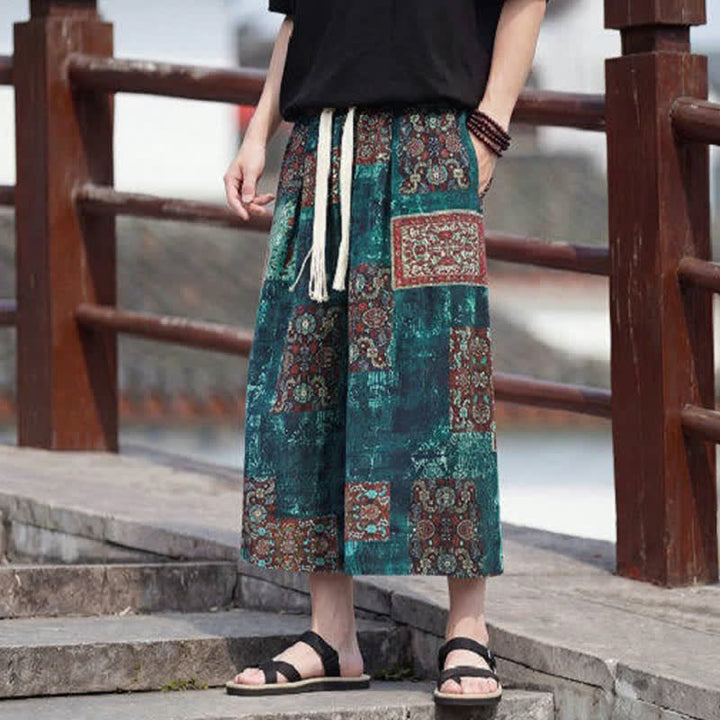Buddha Stones Letnie spodnie capri w stylu boho vintage ze ściągaczem i kwiatowym wzorem, męskie, proste, z kieszenią - image 31