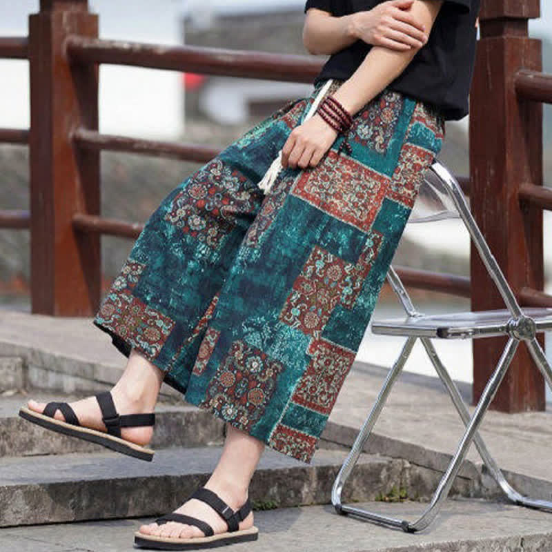 Buddha Stones Letnie spodnie capri w stylu boho vintage ze ściągaczem i kwiatowym wzorem, męskie, proste, z kieszenią - image 32