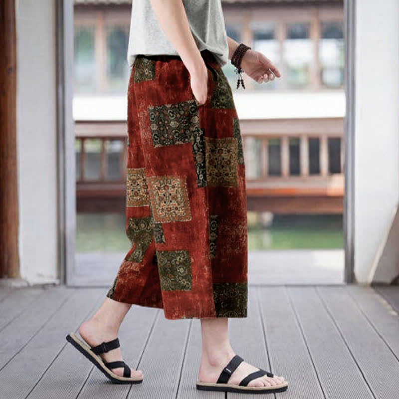 Buddha Stones Letnie spodnie capri w stylu boho vintage ze ściągaczem i kwiatowym wzorem, męskie, proste, z kieszenią - image 21