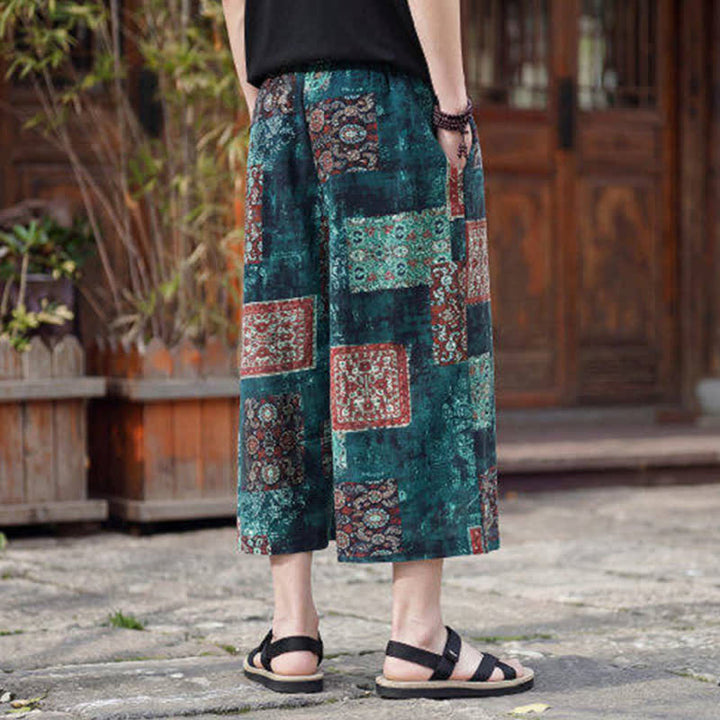 Buddha Stones Letnie spodnie capri w stylu boho vintage ze ściągaczem i kwiatowym wzorem, męskie, proste, z kieszenią - image 26