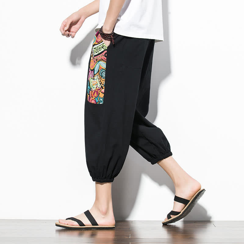 Buddha Stones Letnie, swobodne spodnie capri w stylu boho ze ściągaczem i abstrakcyjnymi motywami, męskie spodnie haremowe z kieszenią - image 18