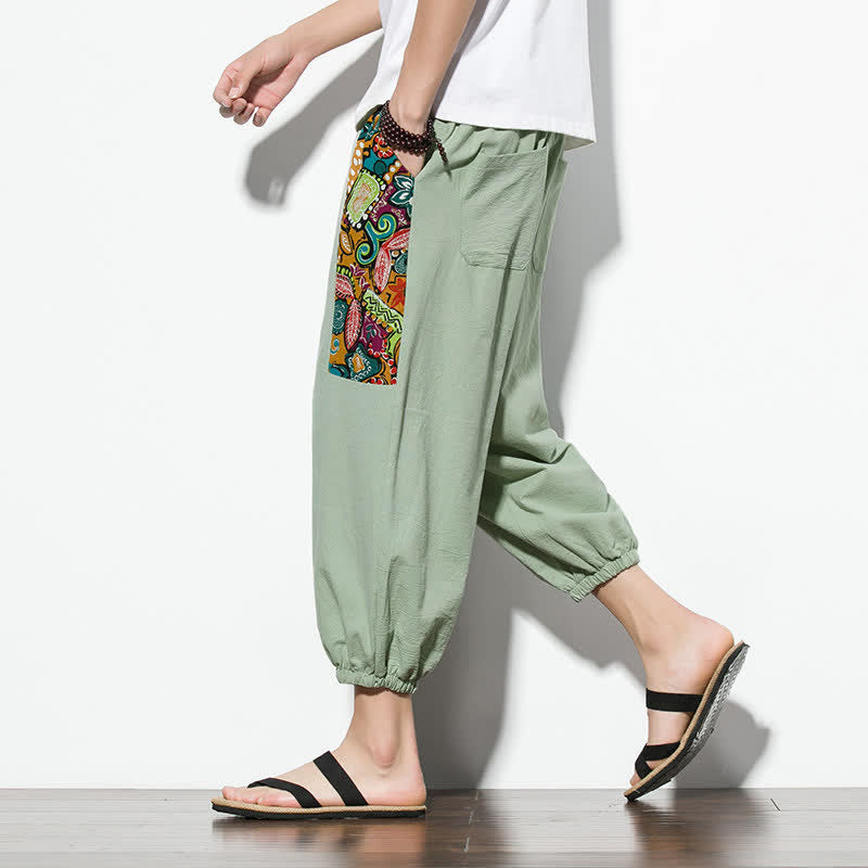 Buddha Stones Letnie, swobodne spodnie capri w stylu boho ze ściągaczem i abstrakcyjnymi motywami, męskie spodnie haremowe z kieszenią - image 28