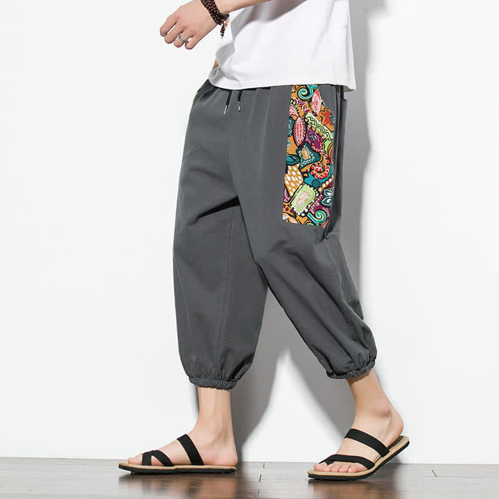 Buddha Stones Letnie, swobodne spodnie capri w stylu boho ze ściągaczem i abstrakcyjnymi motywami, męskie spodnie haremowe z kieszenią - DimGray - US/UK/AU46, EU56 (5XL) - image 0
