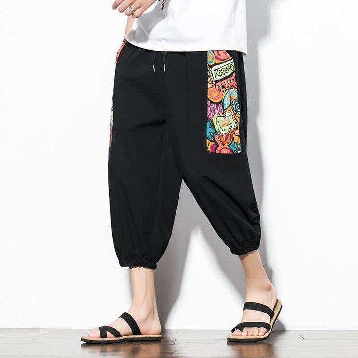 Buddha Stones Letnie, swobodne spodnie capri w stylu boho ze ściągaczem i abstrakcyjnymi motywami, męskie spodnie haremowe z kieszenią - image 14