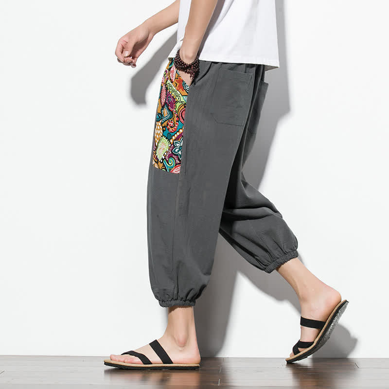 Buddha Stones Letnie, swobodne spodnie capri w stylu boho ze ściągaczem i abstrakcyjnymi motywami, męskie spodnie haremowe z kieszenią - image 6