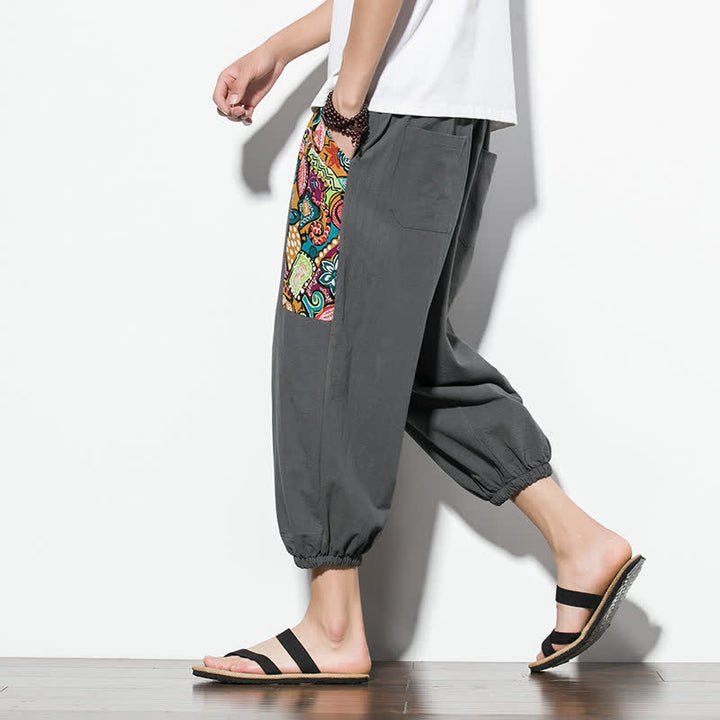 Buddha Stones Letnie, swobodne spodnie capri w stylu boho ze ściągaczem i abstrakcyjnymi motywami, męskie spodnie haremowe z kieszenią - image 6