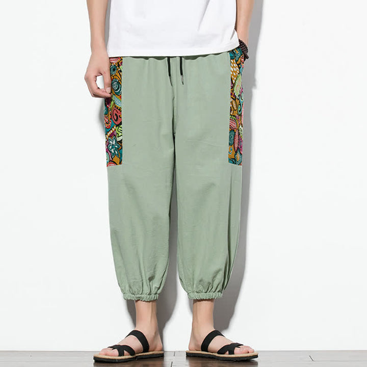 Buddha Stones Letnie, swobodne spodnie capri w stylu boho ze ściągaczem i abstrakcyjnymi motywami, męskie spodnie haremowe z kieszenią - DarkSeaGreen - US/UK/AU46, EU56 (5XL) - image 22