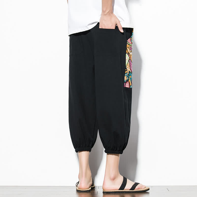 Buddha Stones Letnie, swobodne spodnie capri w stylu boho ze ściągaczem i abstrakcyjnymi motywami, męskie spodnie haremowe z kieszenią - image 16