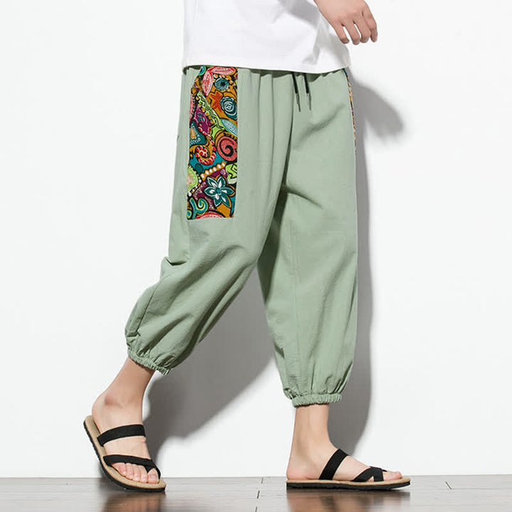 Buddha Stones Letnie, swobodne spodnie capri w stylu boho ze ściągaczem i abstrakcyjnymi motywami, męskie spodnie haremowe z kieszenią - image 24