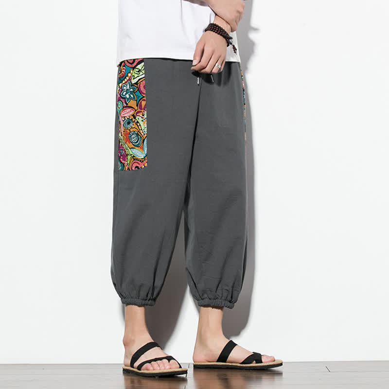 Buddha Stones Letnie, swobodne spodnie capri w stylu boho ze ściągaczem i abstrakcyjnymi motywami, męskie spodnie haremowe z kieszenią - image 2