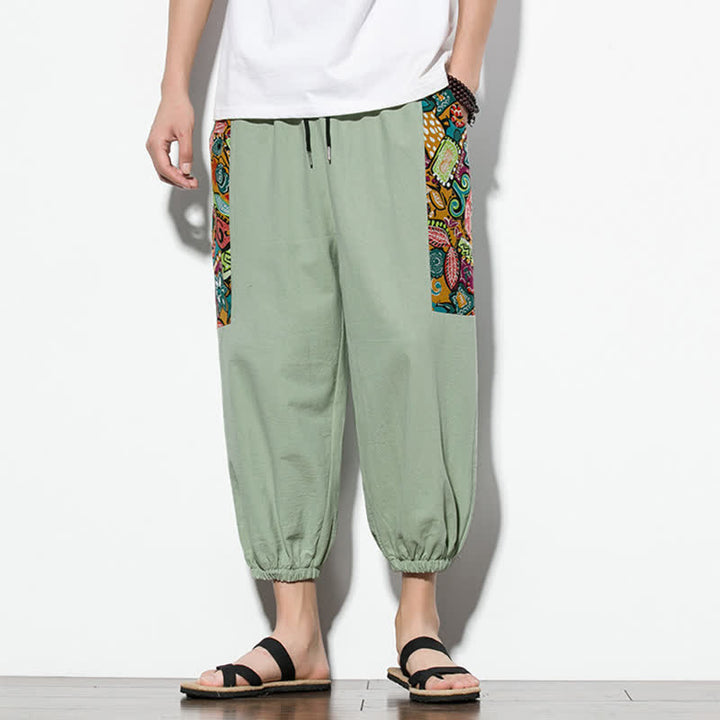 Buddha Stones Letnie, swobodne spodnie capri w stylu boho ze ściągaczem i abstrakcyjnymi motywami, męskie spodnie haremowe z kieszenią - image 23