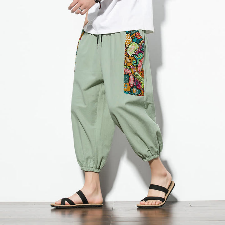 Buddha Stones Letnie, swobodne spodnie capri w stylu boho ze ściągaczem i abstrakcyjnymi motywami, męskie spodnie haremowe z kieszenią - image 25