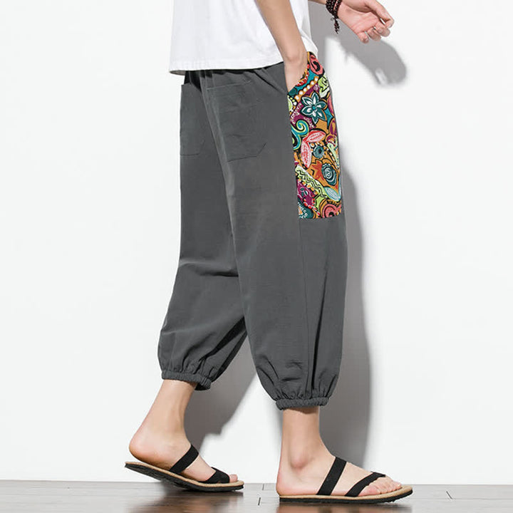 Buddha Stones Letnie, swobodne spodnie capri w stylu boho ze ściągaczem i abstrakcyjnymi motywami, męskie spodnie haremowe z kieszenią - image 3