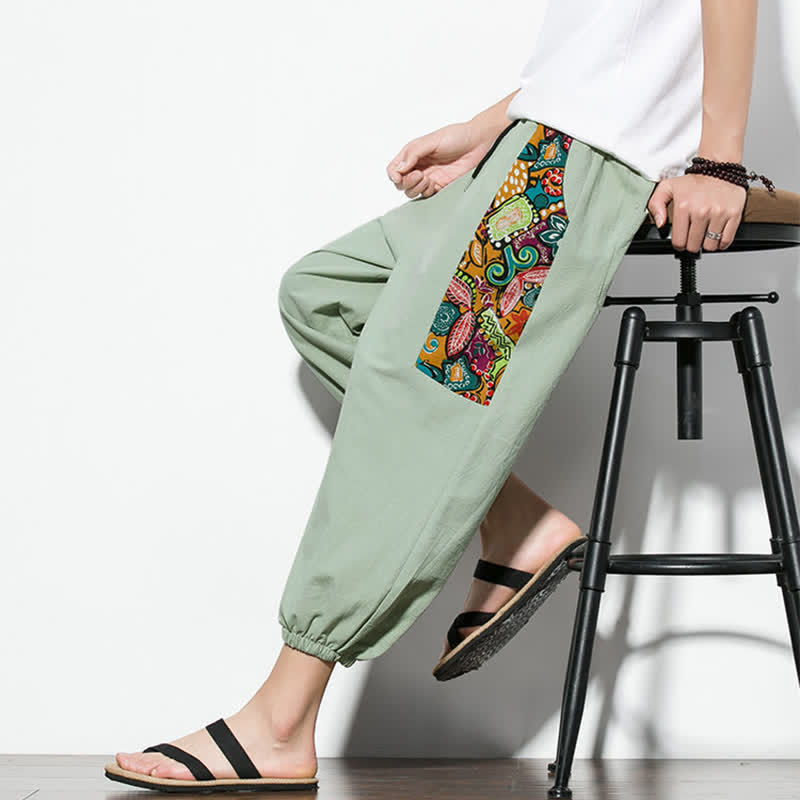 Buddha Stones Letnie, swobodne spodnie capri w stylu boho ze ściągaczem i abstrakcyjnymi motywami, męskie spodnie haremowe z kieszenią - image 29