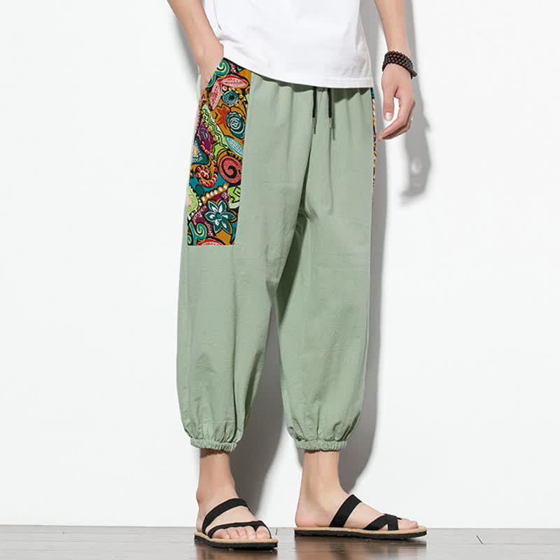 Buddha Stones Letnie, swobodne spodnie capri w stylu boho ze ściągaczem i abstrakcyjnymi motywami, męskie spodnie haremowe z kieszenią - image 27