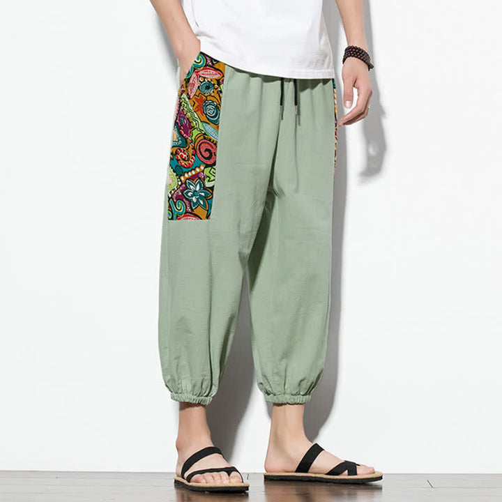 Buddha Stones Letnie, swobodne spodnie capri w stylu boho ze ściągaczem i abstrakcyjnymi motywami, męskie spodnie haremowe z kieszenią - image 27