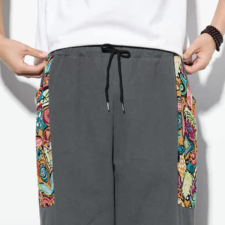 Buddha Stones Letnie, swobodne spodnie capri w stylu boho ze ściągaczem i abstrakcyjnymi motywami, męskie spodnie haremowe z kieszenią - image 9