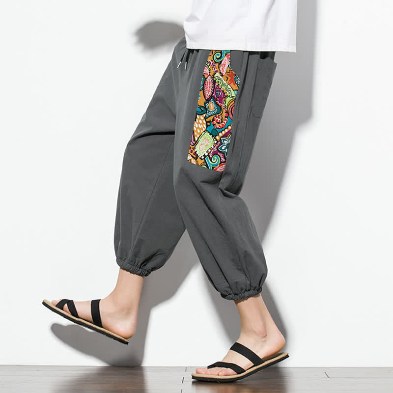 Buddha Stones Letnie, swobodne spodnie capri w stylu boho ze ściągaczem i abstrakcyjnymi motywami, męskie spodnie haremowe z kieszenią - image 7