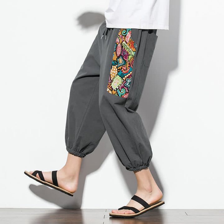 Buddha Stones Letnie, swobodne spodnie capri w stylu boho ze ściągaczem i abstrakcyjnymi motywami, męskie spodnie haremowe z kieszenią - image 7