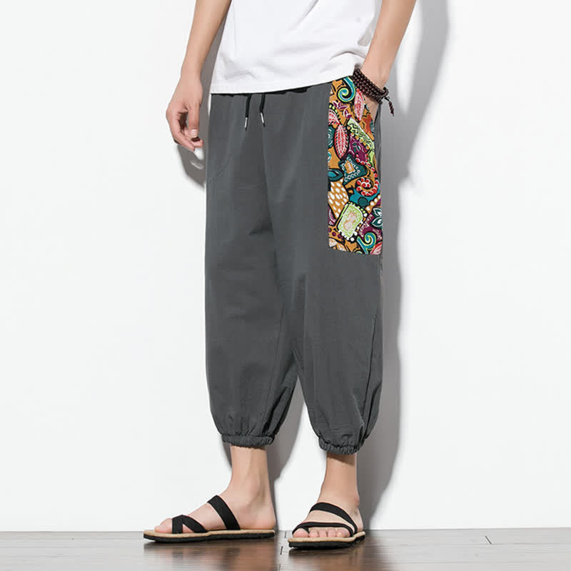 Buddha Stones Letnie, swobodne spodnie capri w stylu boho ze ściągaczem i abstrakcyjnymi motywami, męskie spodnie haremowe z kieszenią - image 5