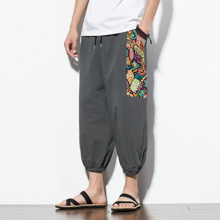 Buddha Stones Letnie, swobodne spodnie capri w stylu boho ze ściągaczem i abstrakcyjnymi motywami, męskie spodnie haremowe z kieszenią - image 5