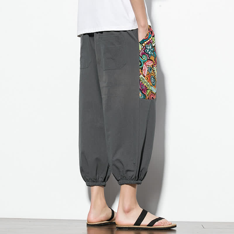 Buddha Stones Letnie, swobodne spodnie capri w stylu boho ze ściągaczem i abstrakcyjnymi motywami, męskie spodnie haremowe z kieszenią - image 4