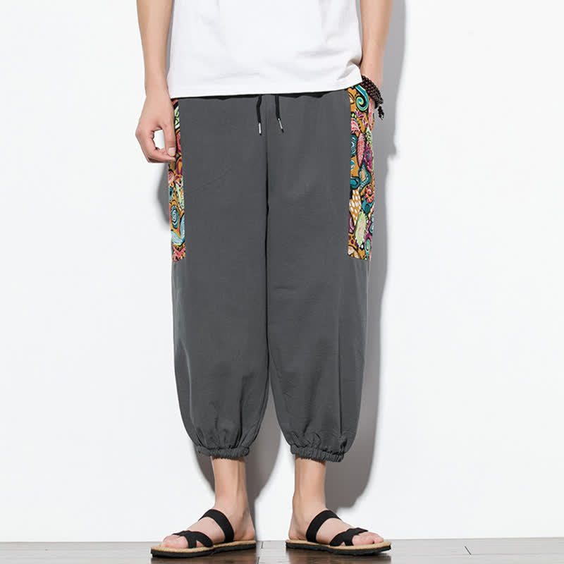 Buddha Stones Letnie, swobodne spodnie capri w stylu boho ze ściągaczem i abstrakcyjnymi motywami, męskie spodnie haremowe z kieszenią - image 1