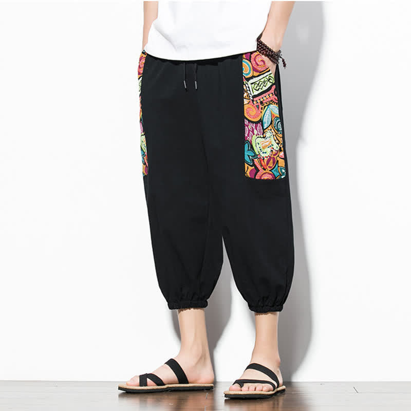 Buddha Stones Letnie, swobodne spodnie capri w stylu boho ze ściągaczem i abstrakcyjnymi motywami, męskie spodnie haremowe z kieszenią - image 15
